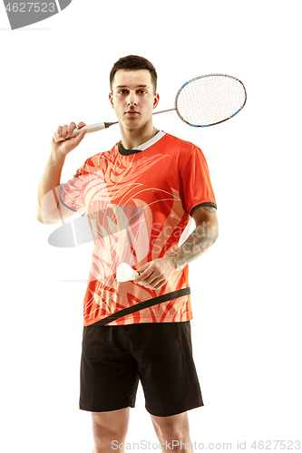 Image of Young male badminton player over white background