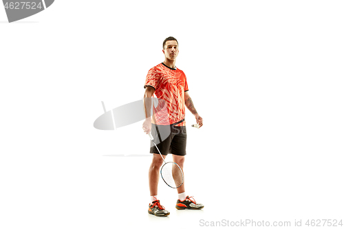 Image of Young male badminton player over white background