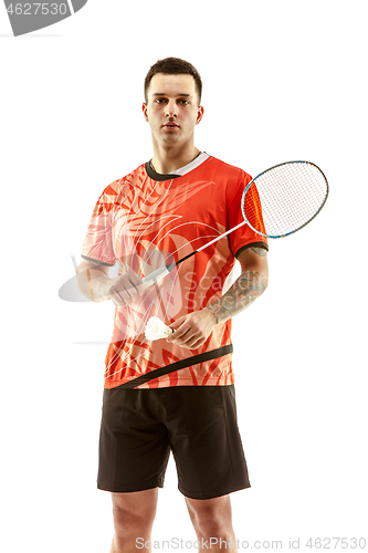 Image of Young male badminton player over white background