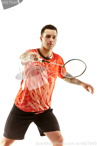 Image of Young male badminton player over white background