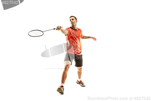 Image of Young male badminton player over white background