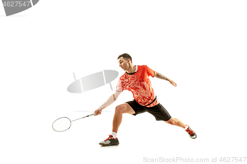 Image of Young male badminton player over white background