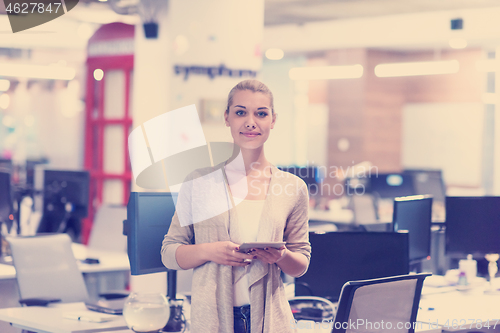 Image of Business Woman Using Digital Tablet in front of startup Office