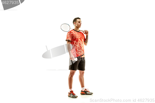 Image of Young male badminton player over white background