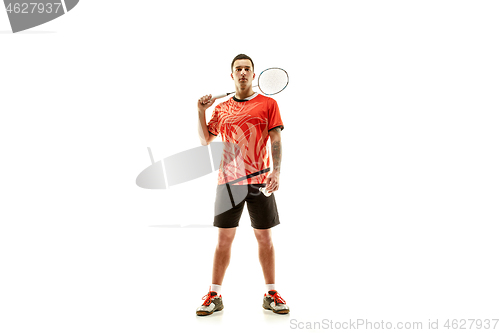 Image of Young male badminton player over white background