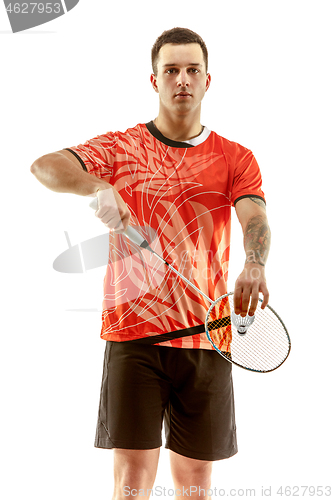 Image of Young male badminton player over white background