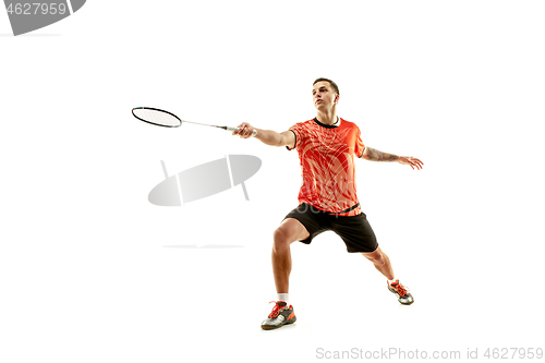 Image of Young male badminton player over white background