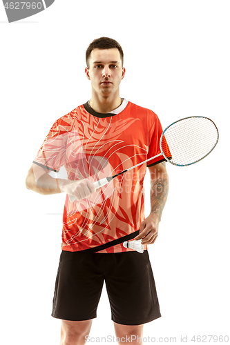 Image of Young male badminton player over white background