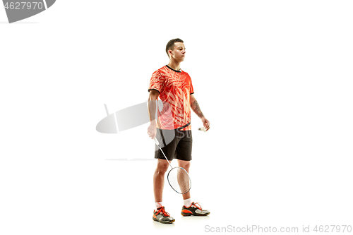 Image of Young male badminton player over white background