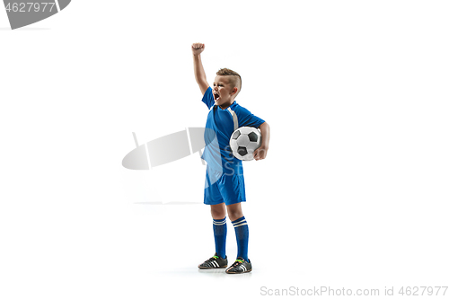 Image of Young boy with soccer ball doing flying kick