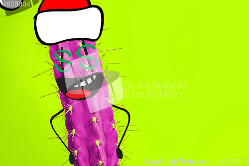 Image of Cactus hipster man with santa hat. Tropical Christmas concept. Minimal fun art