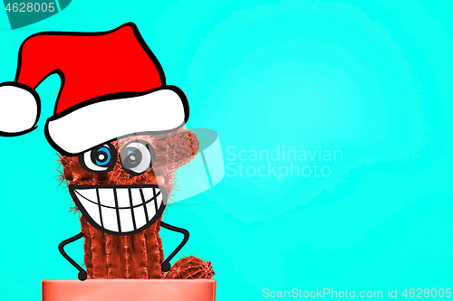 Image of Cactus hipster man with santa hat. Tropical Christmas concept. Minimal fun art