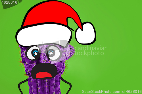 Image of Cactus hipster man with santa hat. Tropical Christmas concept. Minimal fun art