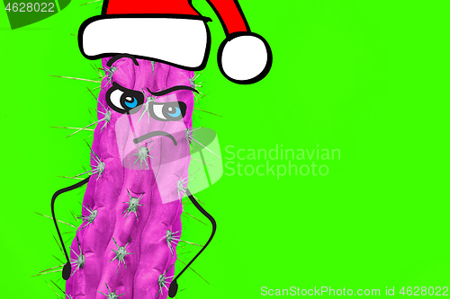 Image of Cactus hipster man with santa hat. Tropical Christmas concept. Minimal fun art