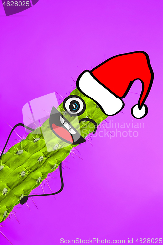 Image of Cactus hipster man with santa hat. Tropical Christmas concept. Minimal fun art