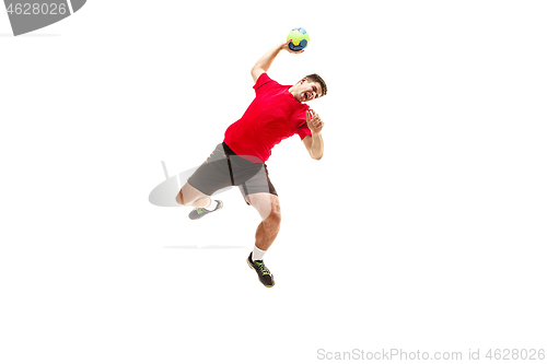 Image of The one caucasian young man as handball player at studio on white background