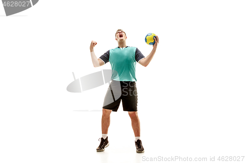 Image of The one caucasian young man as handball player at studio on white background