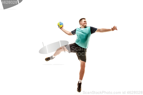 Image of The one caucasian young man as handball player at studio on white background
