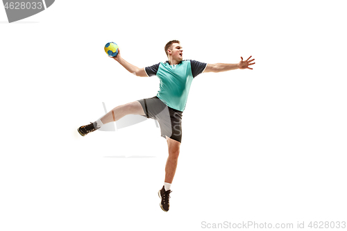 Image of The one caucasian young man as handball player at studio on white background