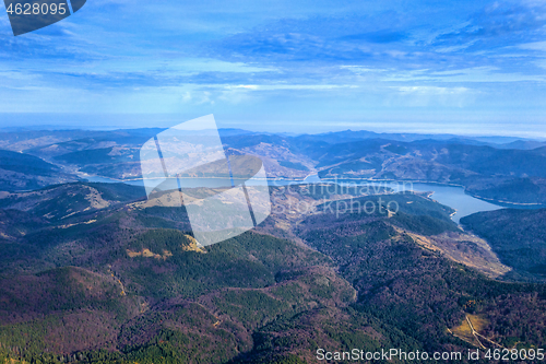 Image of Aerial view of forest and lake