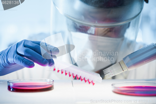 Image of Scientist working in the corona virus vaccine development laboratory research with a highest degree of protection gear.