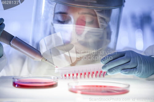 Image of Female scientist working in the corona virus vaccine development laboratory research with a highest degree of protection gear.