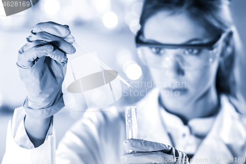 Image of Young scientist pipetting in life science laboratory.