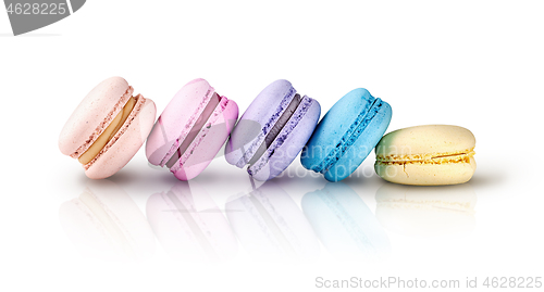 Image of Five multicolored macaroons ladder in row