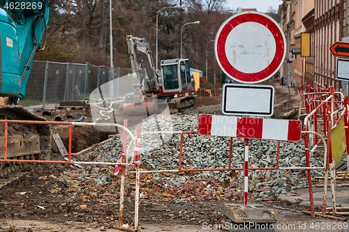 Image of Urban construction site with warning signs