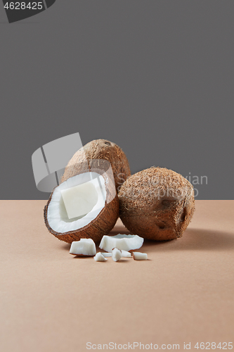 Image of Fruit set from natural exotic coconuts on a duotone background.