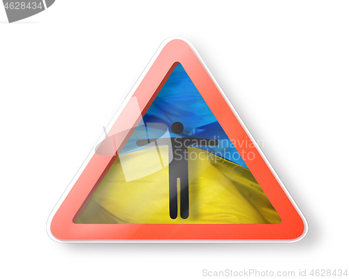 Image of Warning sign with man\'s figure on the Ukrainian flag.