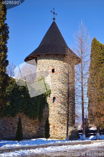 Image of Defensive tower and walls at a medieval monastery