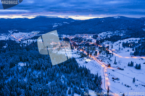 Image of Borsec winter resort, aerial view at sunset