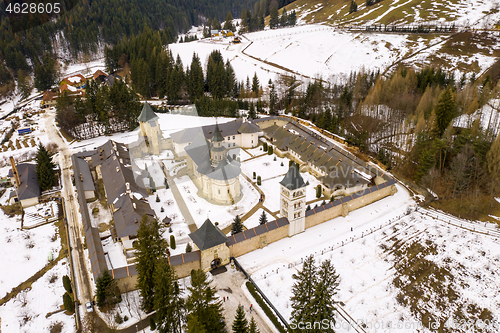 Image of Aerial view of Putna Monastery in winter