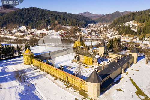 Image of Sucevita monastery in Bukovina, aerial landscape