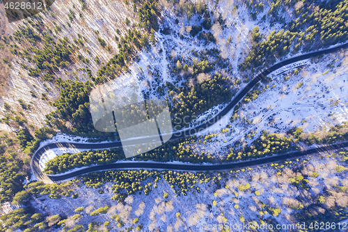 Image of Above view of winding road in forest