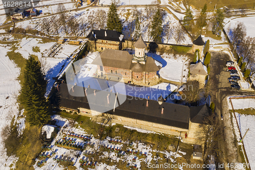 Image of Aerial view of Moldovita  Monastery in Bukovina.