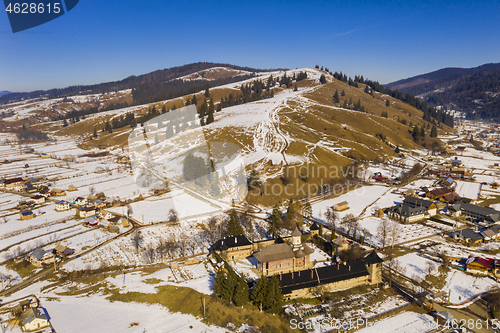 Image of Moldovita Monastery, above view in a sunny winter day