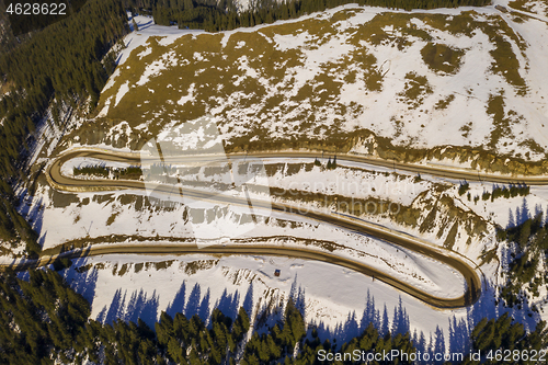 Image of Aerial view of winding mountain road