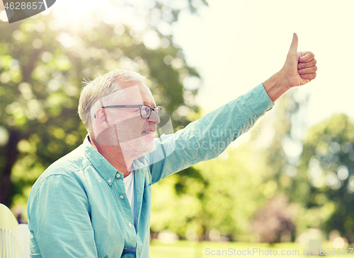 Image of happy senior man showing thumbs up at summer park