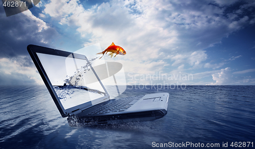 Image of Goldfish jump out of the monitor at ocean