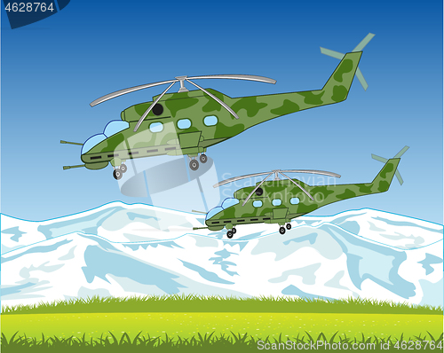Image of Combat helicopters flying to sky on mountain