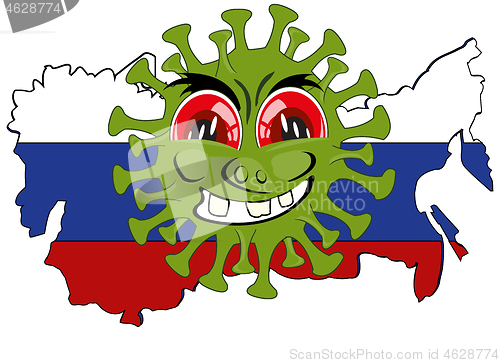 Image of Cartoon coronavirus on card of the Russia