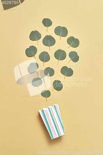 Image of Paper food box with evergreen Eucalyptus leaves pattern.