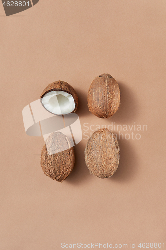 Image of Fruit set from fresh ripe coconuts on a light brown background.