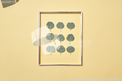 Image of Photo frame with Eucalyptus plant leaves pattern on a sand yellow background.