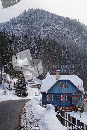 Image of Winter scene, snow covered houses and forest near road
