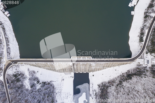 Image of Water barriere dam, above view of dam and road