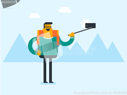 Image of Young caucasian white traveler man making selfie.