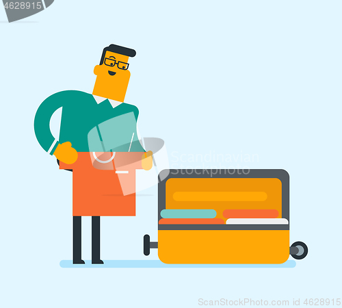 Image of Caucasian white man packing clothes in a suitcase.